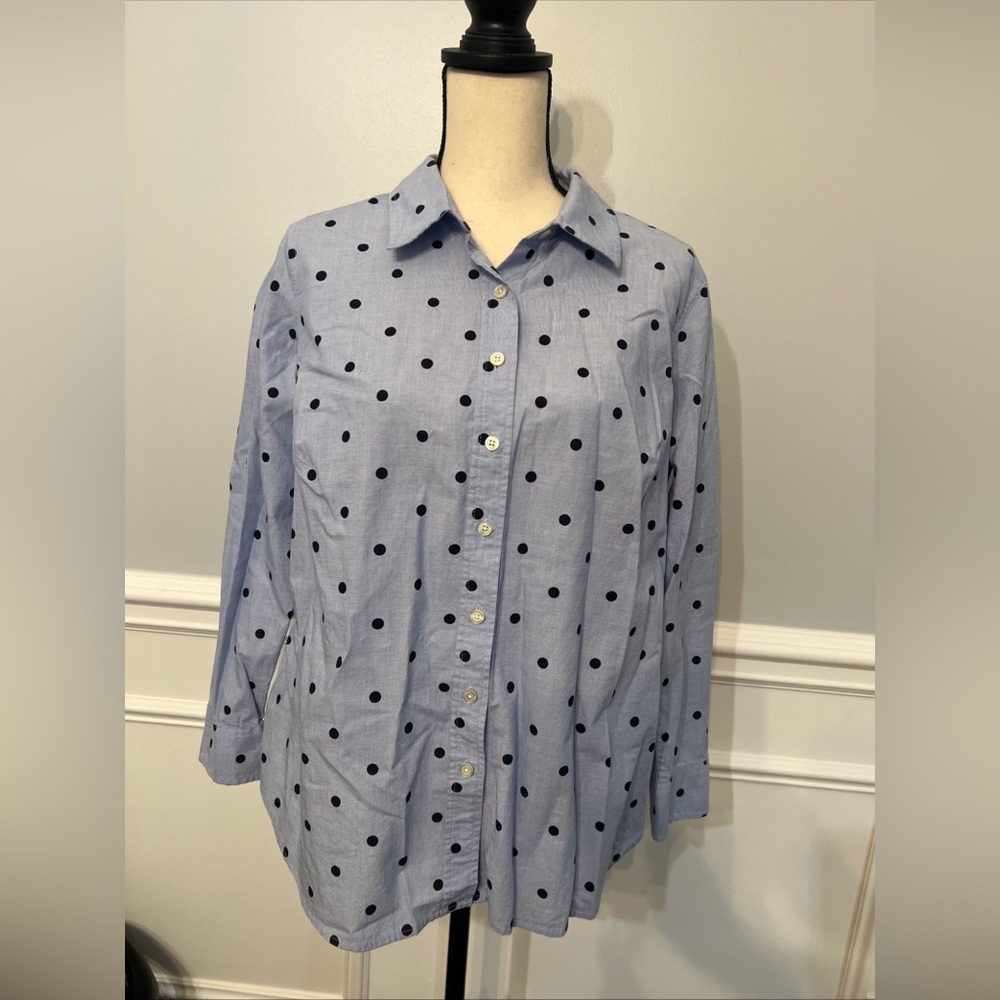 Talbots Women’s Button Up Dress Collared Shirt Polka Dot Blue Black Plus Size X